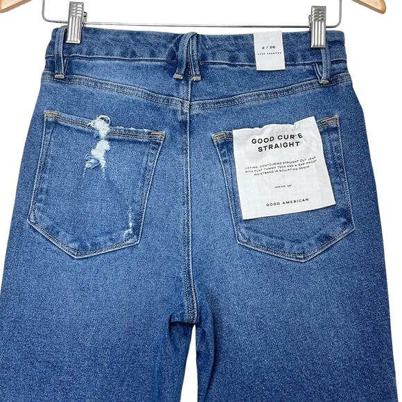 Good American Good Curve Straight Jeans 2 26 High Rise Distressed Stretch Denim - Picture 7 of 12